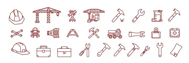 Fototapeta premium A stock photo featuring a collection of construction thin line icons such as hard hat, crane, toolbox, hammer, wrench, blueprint, and more, industry