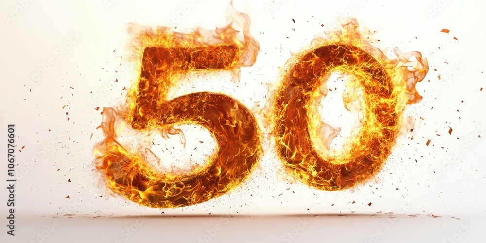Poster fifty ablaze with flames against a white backdrop. the number fifty is set on fire, creating a strik
