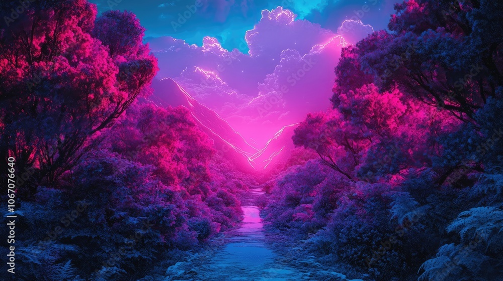 Poster vibrant nature landscape captured with an abstract neon overlay, creating a unique visual experience