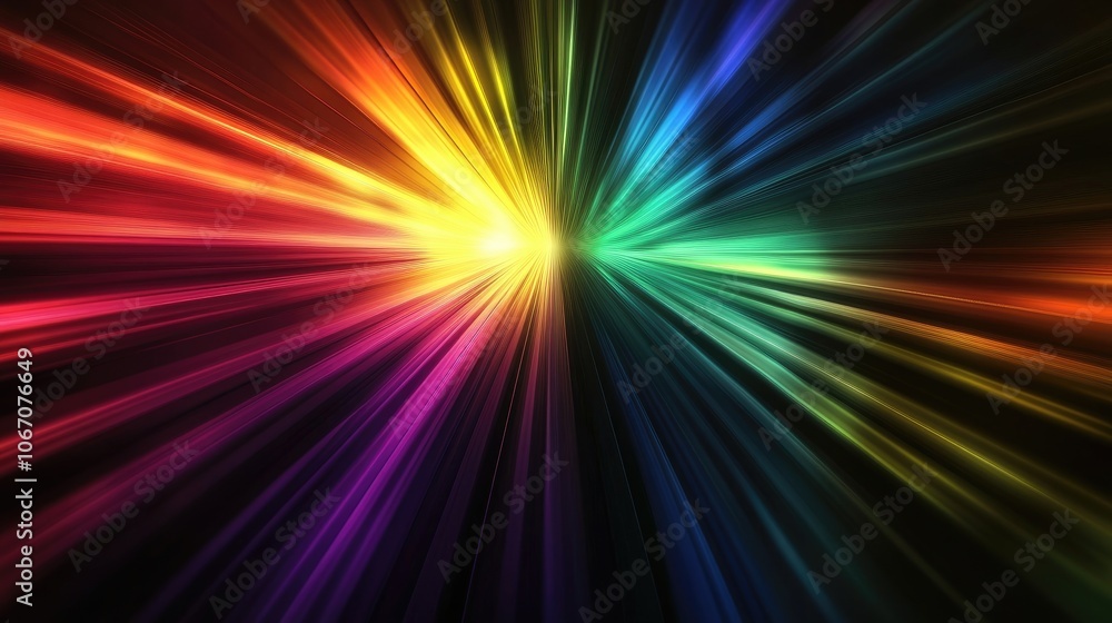 Poster abstract representation of rainbow-colored light rays on a black background, creating a vibrant and 