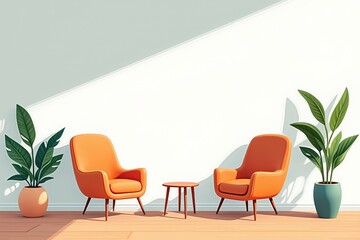 Bright and Inviting Living Room with Orange Chairs and Lush Green Plants, Perfect for Cozy Conversations and Relaxation