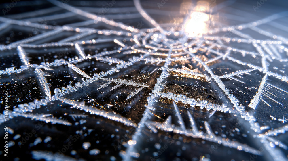 Poster frosted patterns create mesmerizing web like design on glass, showcasing intricate details and spark