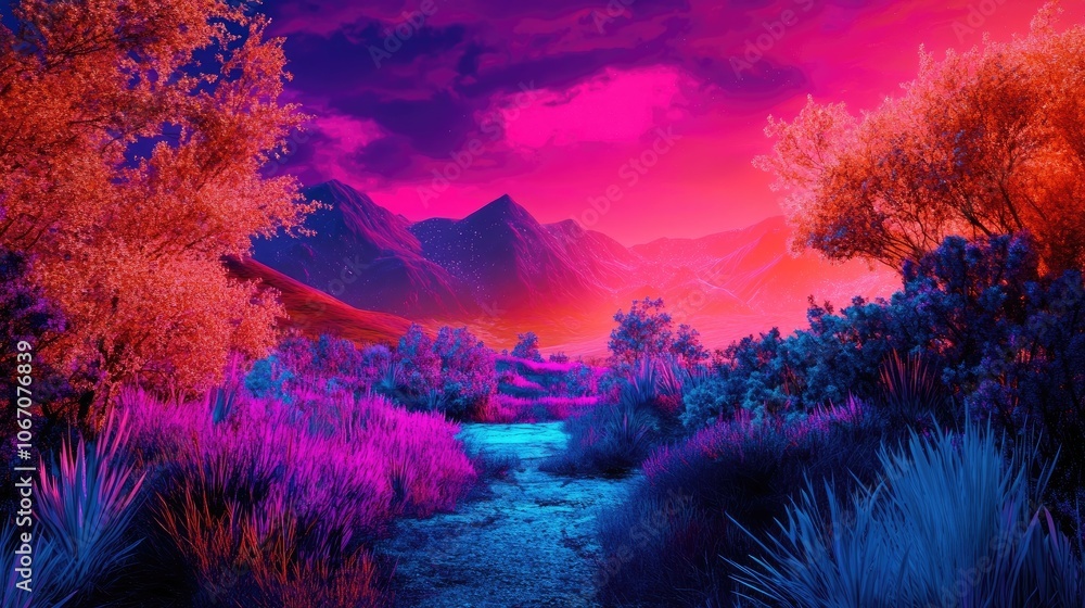 Poster vibrant nature landscape captured with an abstract neon overlay, creating a unique visual experience