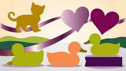 Peaceful Scene with Animals and Hearts use for Greeting Card, children's book, poster