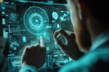 Doctor using futuristic interface with medical data analysis and diagnosis in hologram projection