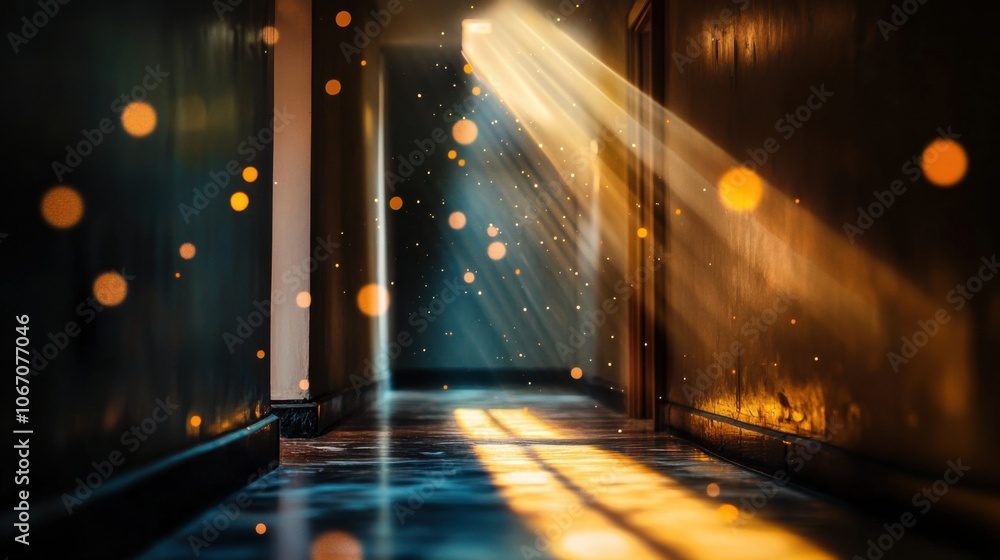 Poster light rays in serene hallway with dust particles