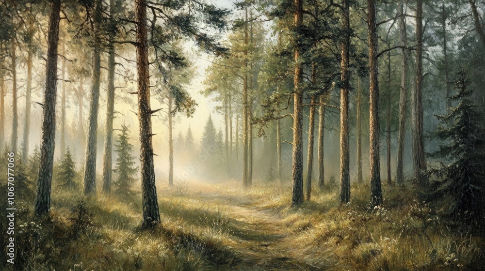 Poster whispering pines fill the air with a fresh scent, enveloping the misty forest in tranquility. this s