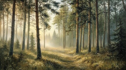 Obraz premium Whispering pines fill the air with a fresh scent, enveloping the misty forest in tranquility. This serene scene captures the essence of whispering pines with ample space for text.