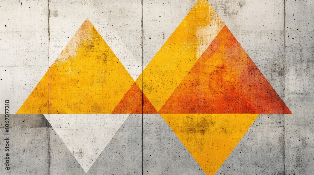 Poster grunge textured concrete wall displaying bold triangular shapes in vibrant yellow and orange, creati