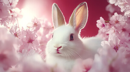 Obraz premium A charming white rabbit surrounded by blossoming pink flowers captivates nature lovers