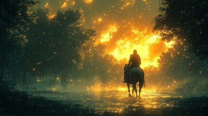 Fototapeta premium A Rider Towards the Golden Light