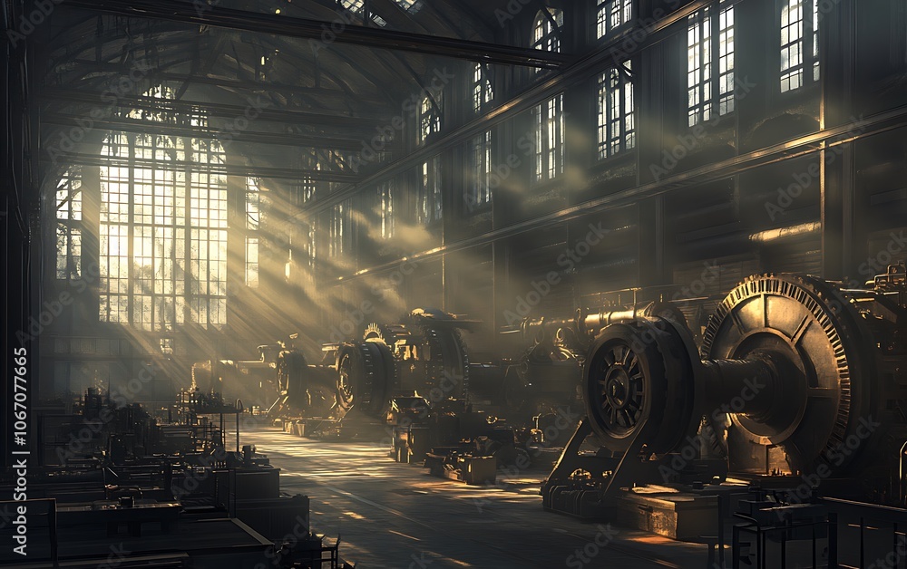 Poster A dimly lit industrial space with shafts of light illuminating large machinery, creating a dramatic and atmospheric scene.