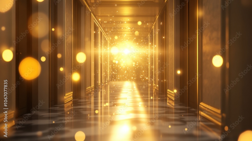 Poster glimmering corridor with light and bokeh effect