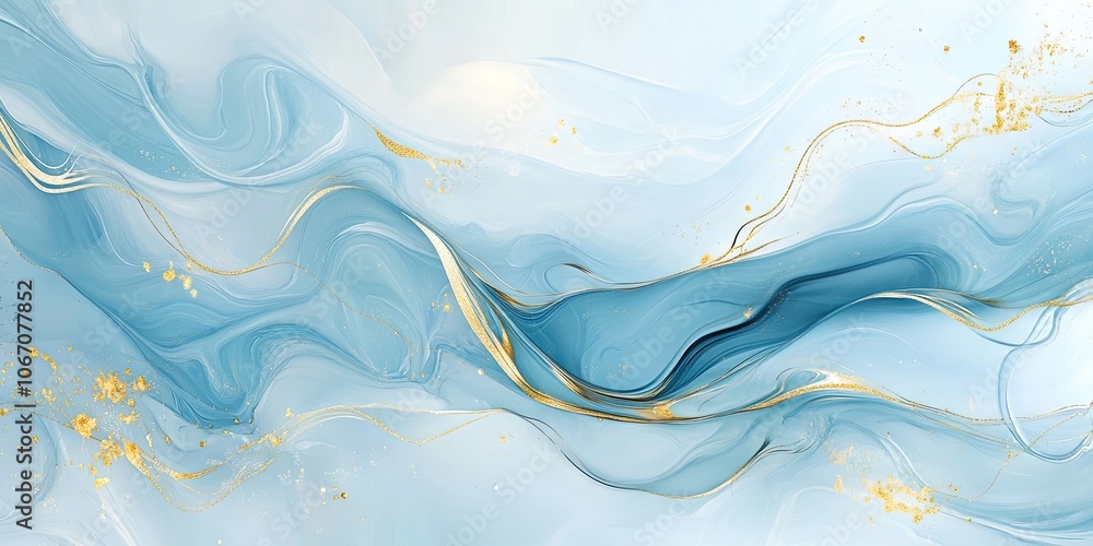 Poster a marble backdrop features abstract waves in blue and gold. the fluid art surface resembles ocean wa