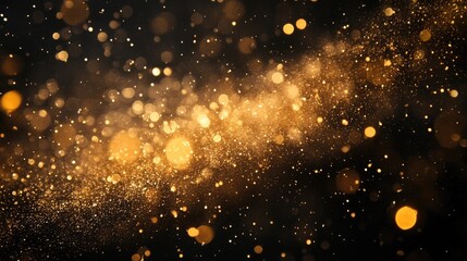 Fototapeta premium Golden sparkle glitter overlay texture creates a stunning visual for background design. This glitter overlay offers ample empty space for text, perfect for invitations or decorative cards.