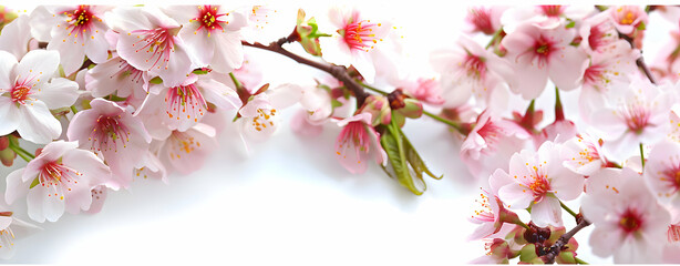 Obraz premium Cherry blossom branch with delicate pink flowers and yellow leaves 