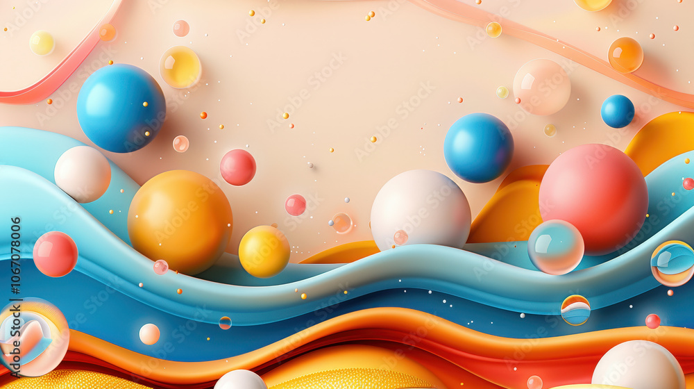 Poster colorful abstract composition featuring smooth waves and floating spheres in vibrant hues, creating 