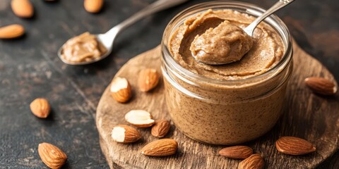 A jar of almond butter with a spoon, surrounded by whole almonds on a wooden surface.