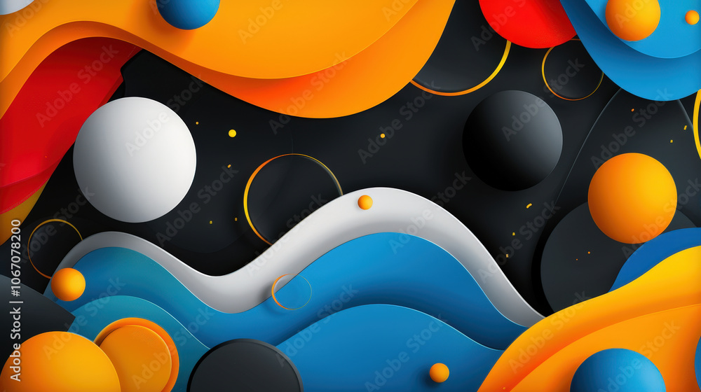 Poster vibrant abstract design featuring colorful waves and geometric shapes, including circles and curves,