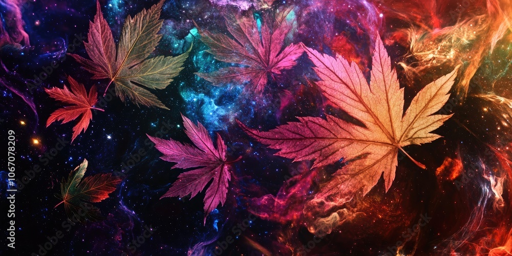Poster artistic representation of maple leaves featuring a design inspired by the cosmos, showcasing a blen