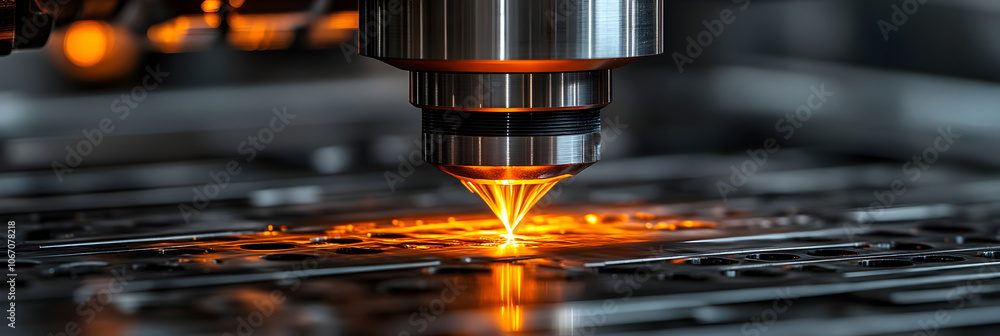 Poster close-up view of a high-precision industrial laser cutting machine in action,creating sparks and int