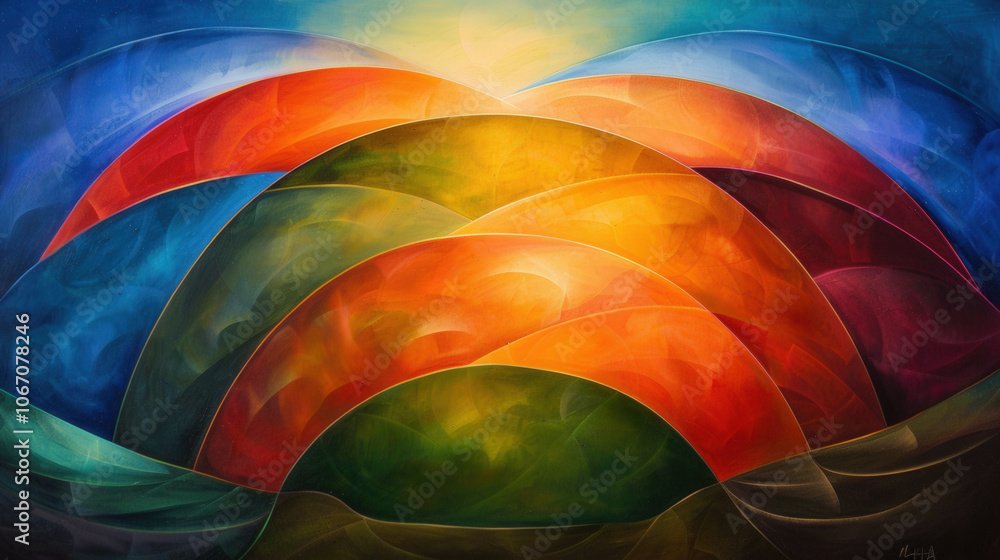 Poster vibrant abstract artwork featuring colorful curved shapes in warm tones, creating sense of depth and