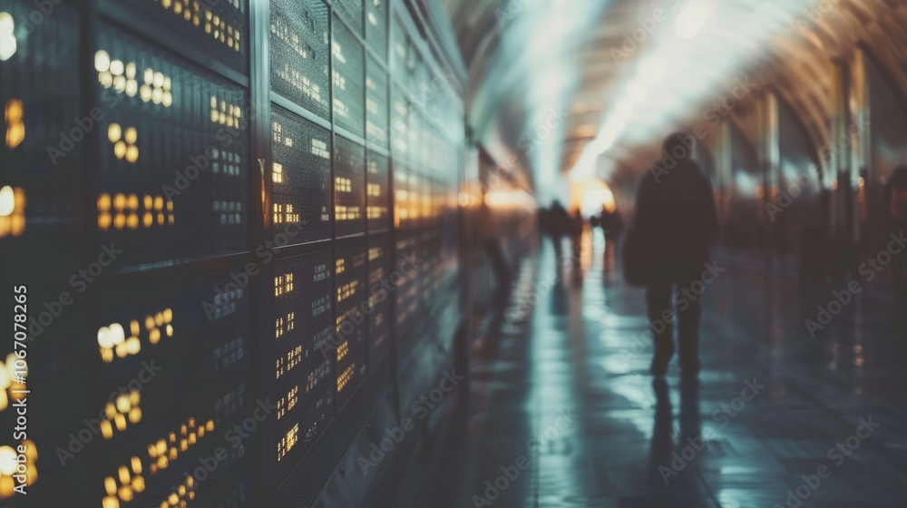 Poster abstract view of data center hallway with blurred figures