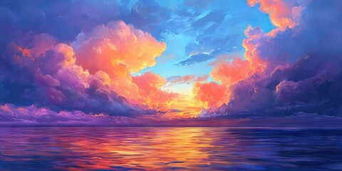 Fototapeta premium The evening sky is filled with colorful clouds, perfectly complementing the breathtaking view of the sea during sunset, creating a stunning dusk atmosphere.