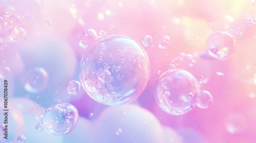 Poster soap bubbles float in soft light, creating a gentle pastel cloud background filled with delicate foa