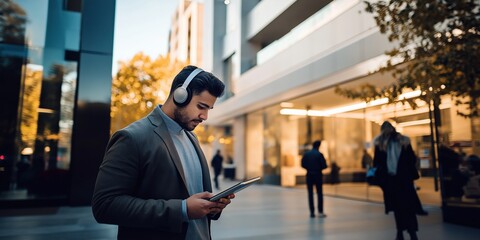 A man wearing a suit and headphones is reading a tablet. He is in a busy city street with people walking around him