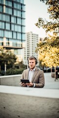 Obraz premium A man wearing a suit and headphones is holding a tablet. He is walking down a sidewalk in front of a building
