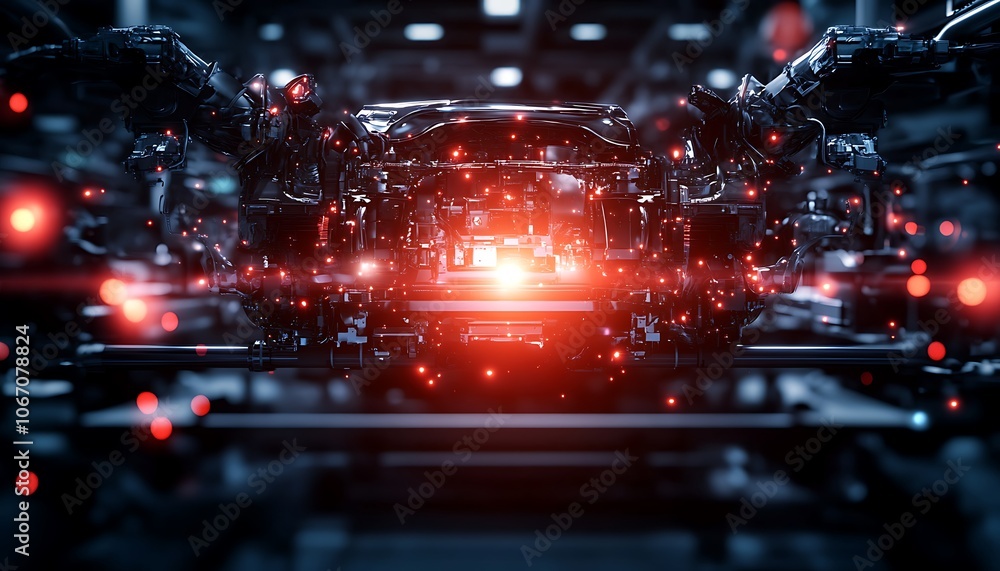 Aufkleber a futuristic, glowing mechanical core surrounded by intricate machinery and vibrant red lights, sugg