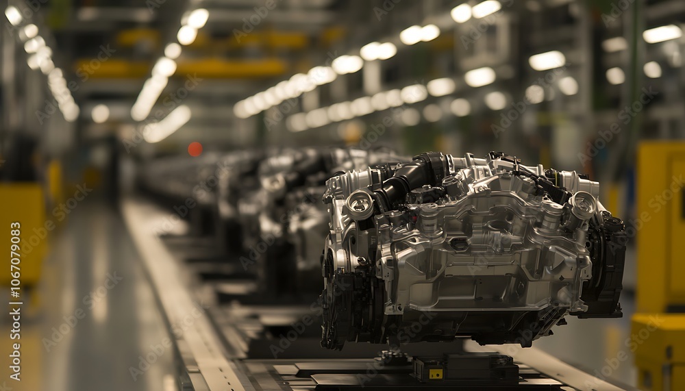 Poster a factory assembly line featuring partially completed car frames, showcasing industrial production i