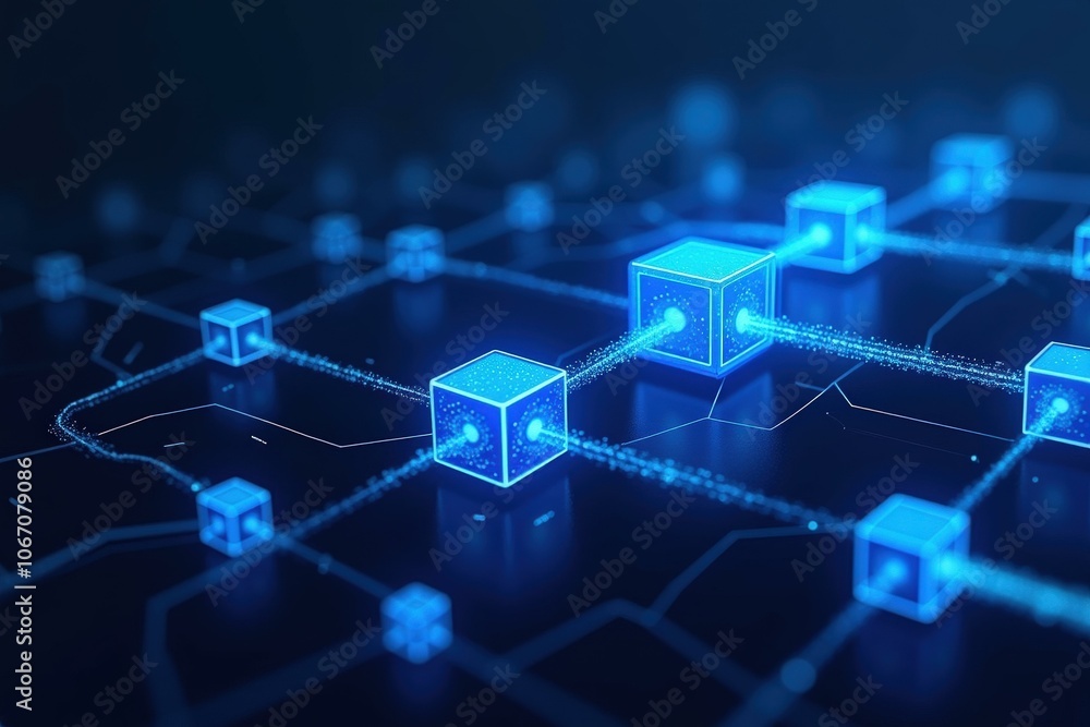 Poster illuminating blue network cubes connected in a futuristic digital grid, perfect for tech marketing a