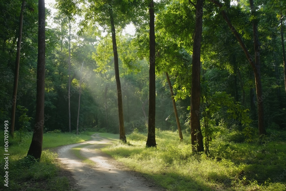 Poster a forest path is lined with trees and the sun is shining through the leaves. the scene is peaceful a