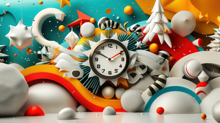 vibrant and festive scene featuring clock surrounded by colorful geometric shapes and holiday elements, perfect for celebrating New Year. design captures excitement of countdown to 2025