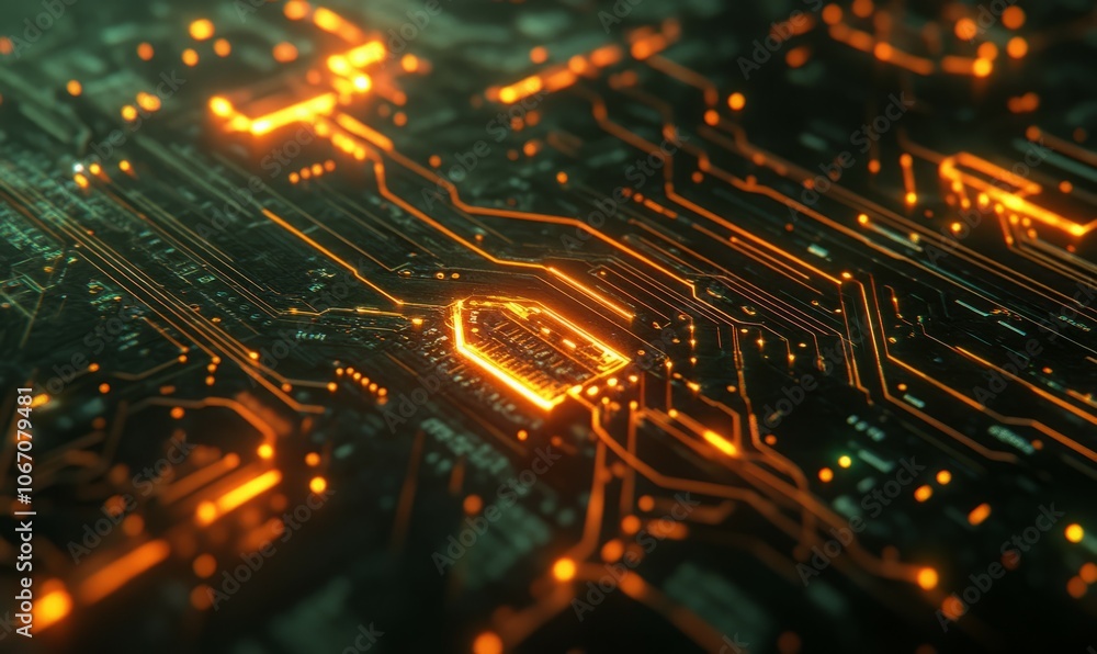 Poster high-quality close-up of a circuit board, showcasing intricate lines and glowing connections. ideal 