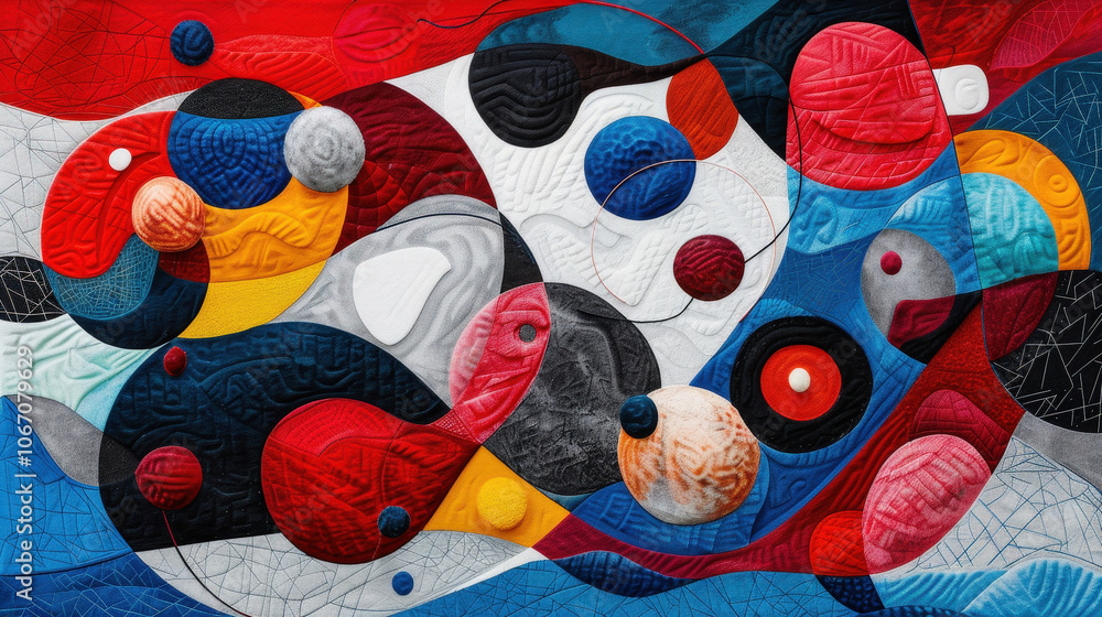 Poster playful composition of various rounded shapes in vibrant colors, creating dynamic and abstract visua