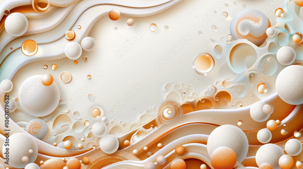 Poster playful composition of various rounded shapes in soft orange and white tones, creating dynamic and f