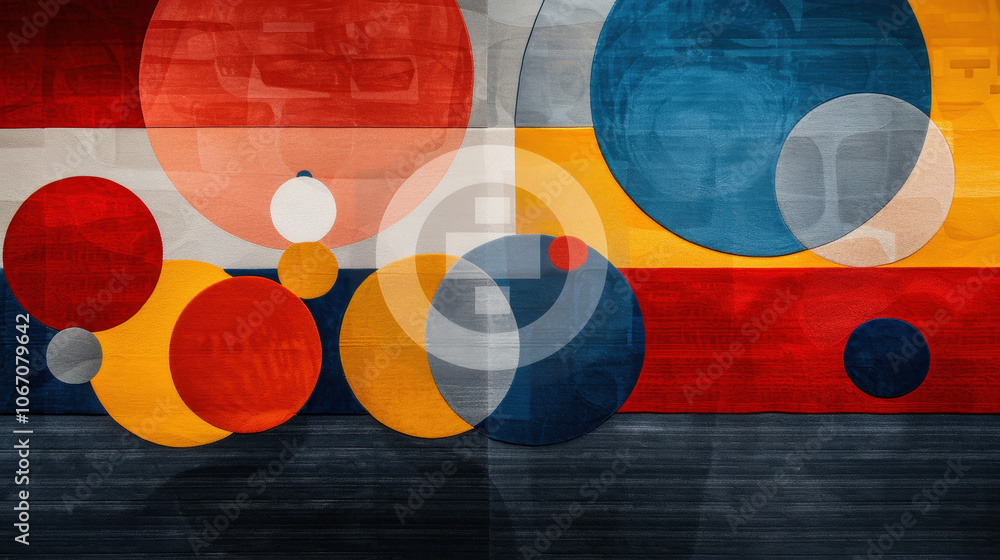 Poster playful composition of various rounded shapes in vibrant colors, creating dynamic visual experience.