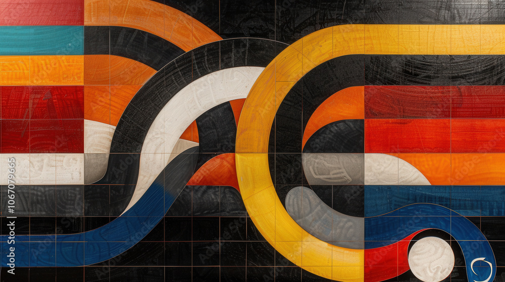 Poster playful composition of various rounded shapes in vibrant colors, creating dynamic visual experience.