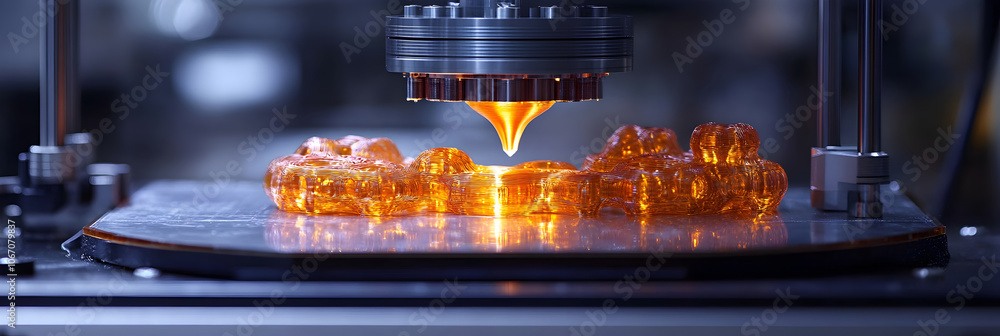 Fototapete close-up view of metallic and plastic 3d printed objects being fabricated through an additive manufa