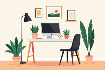 Fototapeta premium Bright and Inviting Home Office Setup with Modern Desk, Chair, and Greenery for Productivity and Comfort
