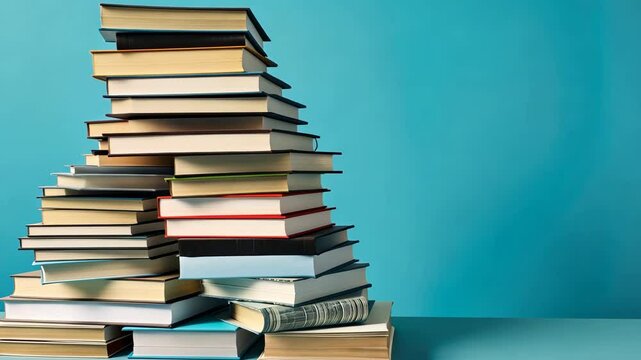 A large stack of books on a blue background.