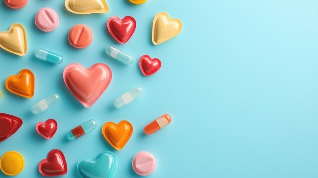 Condom and healthcare symbols, promoting sexual health awareness, bright and educational