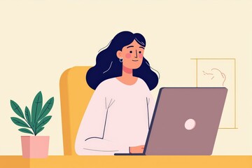 Illustrated Woman Working on Laptop in Comfortable Chair, Perfect for Blog Posts, Websites, and Marketing Materials
