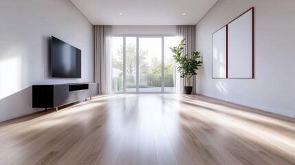 Modern living room with beige walls, black frames, wooden floor, and stylish TV stand for relaxation