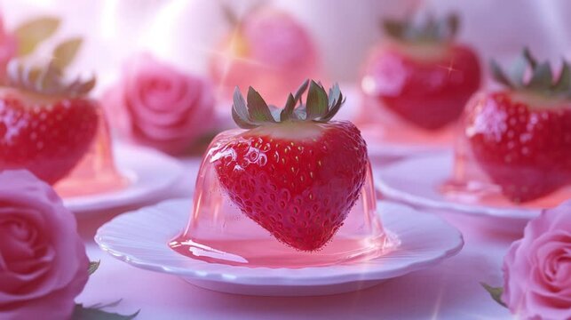 Strawberry shaped jelly with pink and red roses.