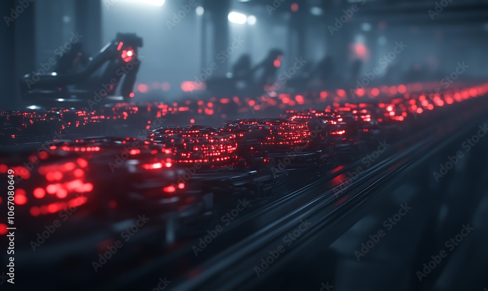 Poster a futuristic factory scene featuring a production line with glowing red components amidst a dark, in