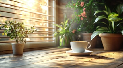 Cup of coffee on a wooden table next to a potted plant
